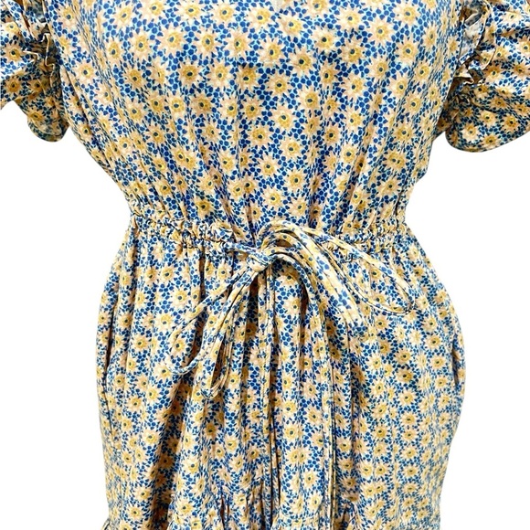 By Anthropologie v neck White, yellow & Blue flutter sleeve Tie Front dress MP - Picture 7 of 11